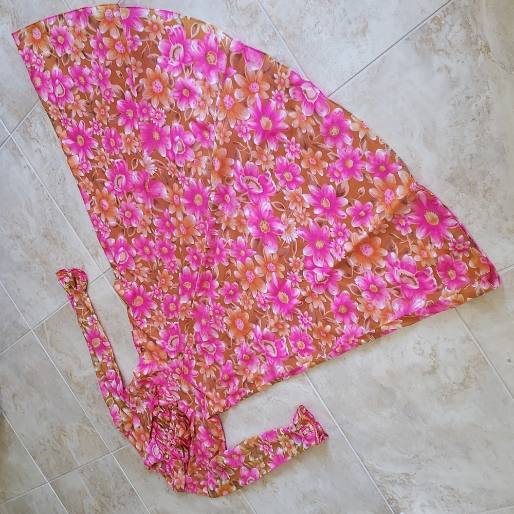 ❤ VINTAGE | Fabulous '70s Fall Floral Chiffon Butterscotch Gold & Hot Pink Dress